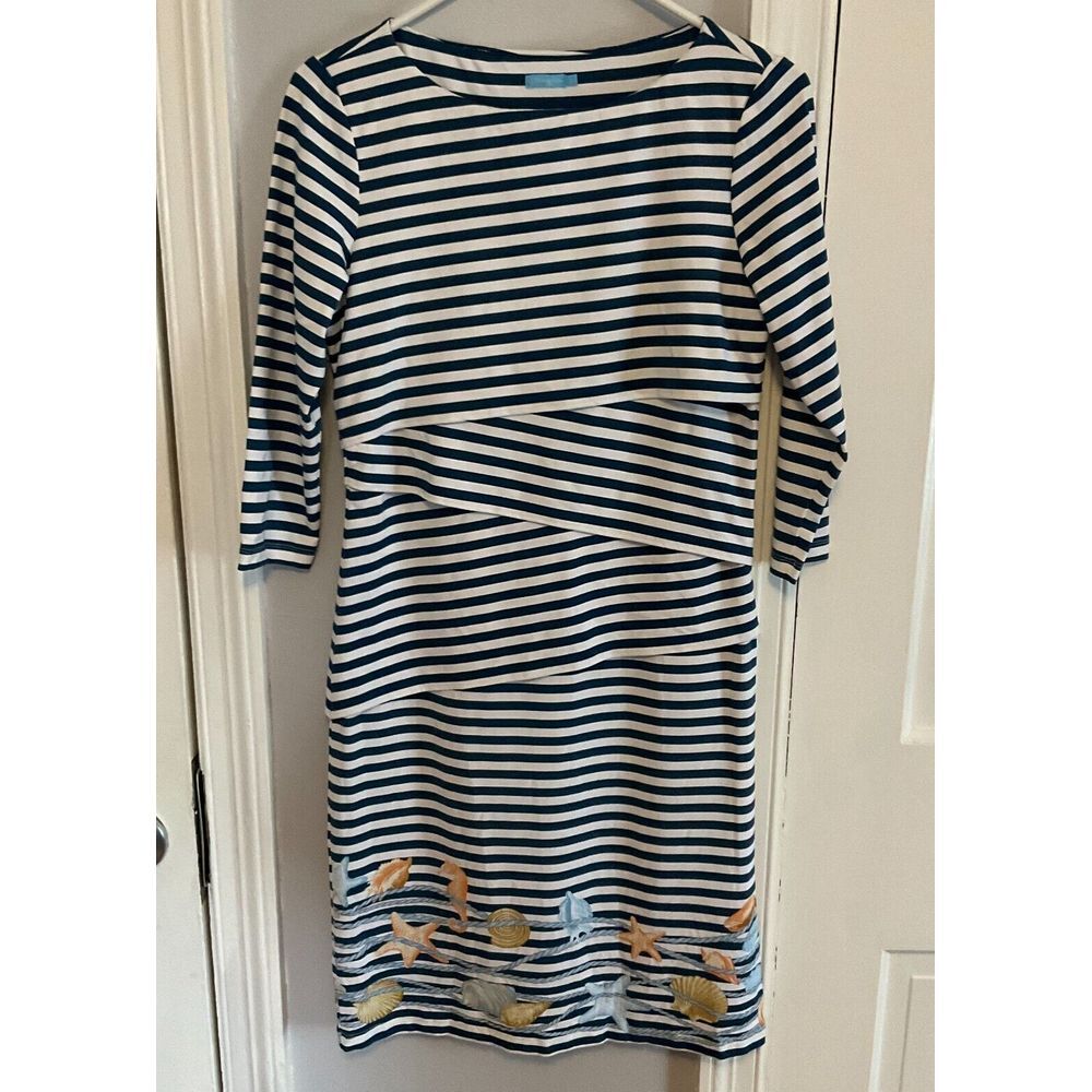 J.McLaughlin Women Small Sheath Dress Navy White Striped Seashell Nautical Beach